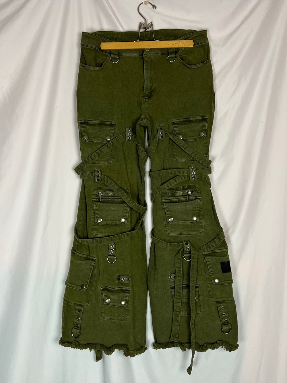 Darker Wavs Green Denim Switch Strappy Cargo Flare Pants